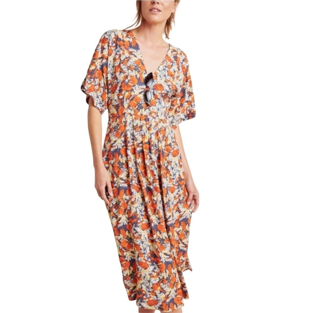 Porridge Anthropologie Les Papillons Dress Floral V-Neck Midi Dress Multi SP